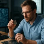 Férfi ARM processzorral dolgozik számítógép előtt