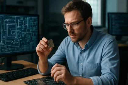 Férfi ARM processzorral dolgozik számítógép előtt