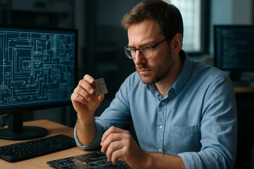 Férfi ARM processzorral dolgozik számítógép előtt