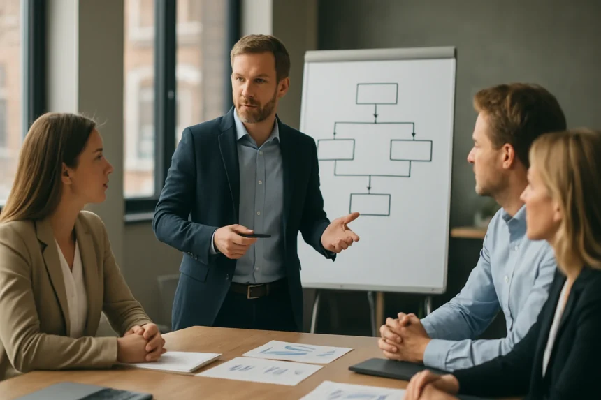 Csoportos megbeszélés a csatorna stratégiáról üzleti környezetben.