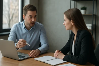 Két ember üzleti megbeszélés során a zárt hurkú riportálásról