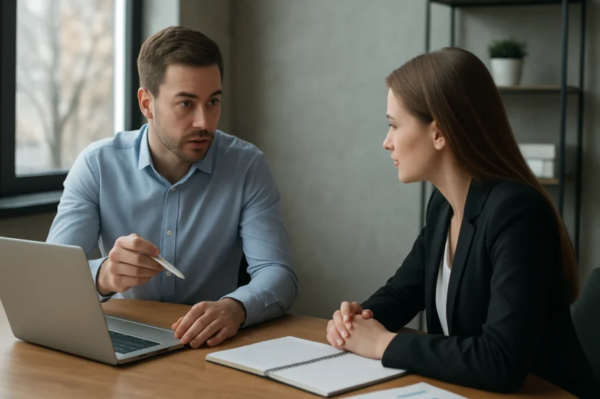 Két ember üzleti megbeszélés során a zárt hurkú riportálásról