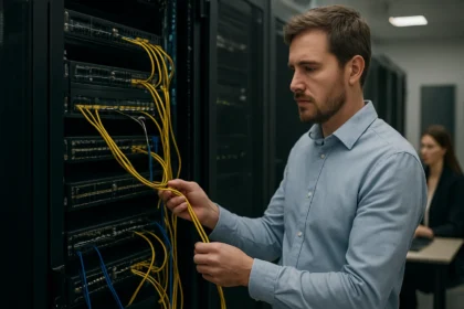 Férfi a szerver racknél, adatkommunikációs kábeleket kezel.