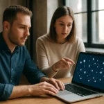 Két személy, aki decentralizált alkalmazásokat tanulmányoz laptopon.