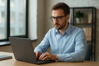 Férfi számítógépet használ az OSI modell szállítási rétegének tanulmányozásához.