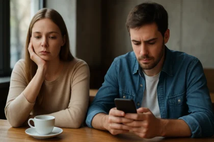 Egy pár a kávézóban, figyelmen kívül hagyva egymást a telefon miatt.