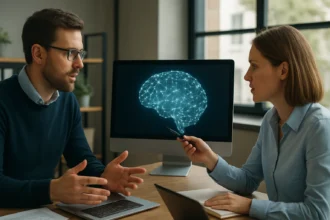 Két szakember beszélget a mesterséges intelligenciáról egy számítógép előtt.