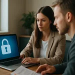 Felnőttek a számítógép előtt a digitális adatvédelemről beszélgetve