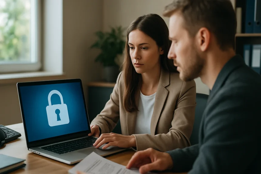 Felnőttek a számítógép előtt a digitális adatvédelemről beszélgetve