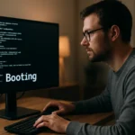 Felhasználó a számítógépén, bootolás közben a képernyőn kód
