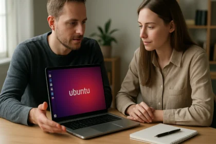 Két személy az Ubuntu operációs rendszert bemutató laptop előtt ül.