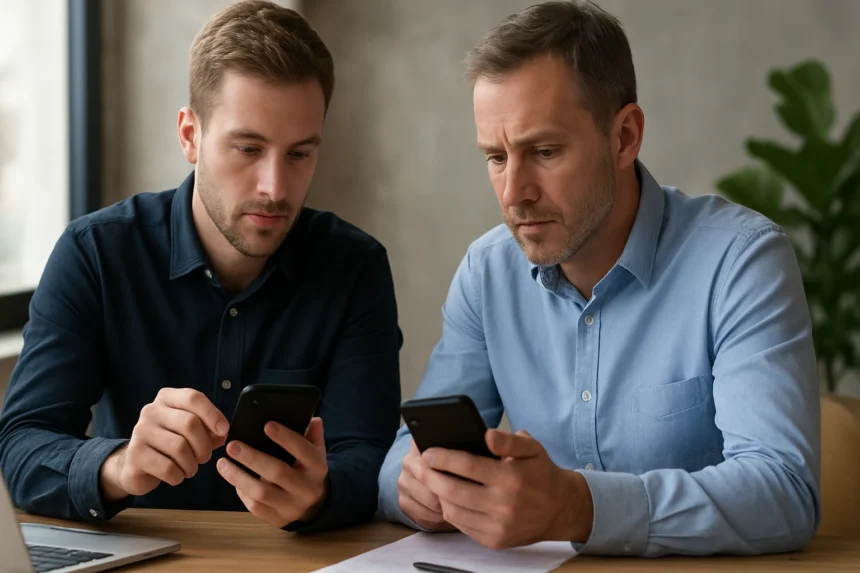 Két férfi mobiltelefonokat használ, a mikroalkalmazások világáról beszélgetve.