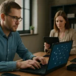 Két személy dolgozik különböző eszközökön egy modern irodában.