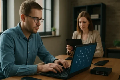 Két személy dolgozik különböző eszközökön egy modern irodában.