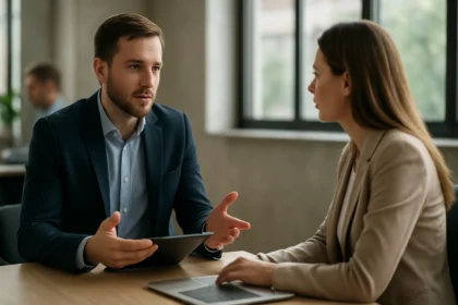 Két ember beszélget egy üzleti megbeszélés során