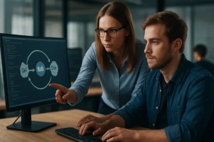 GitOps implementáció munkafolyamatai a szoftverfejlesztésben.