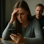 Egy nő stresszel az online zaklatás miatt, telefonjával a kezében.