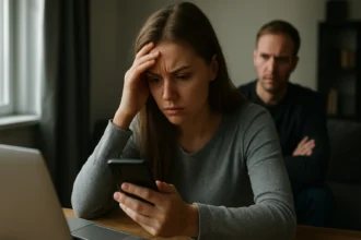 Egy nő stresszel az online zaklatás miatt, telefonjával a kezében.