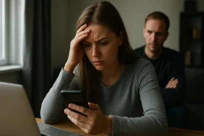 Egy nő stresszel az online zaklatás miatt, telefonjával a kezében.