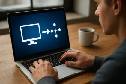 Felhasználó laptopján állandó kapcsolat hálózati illusztrációval