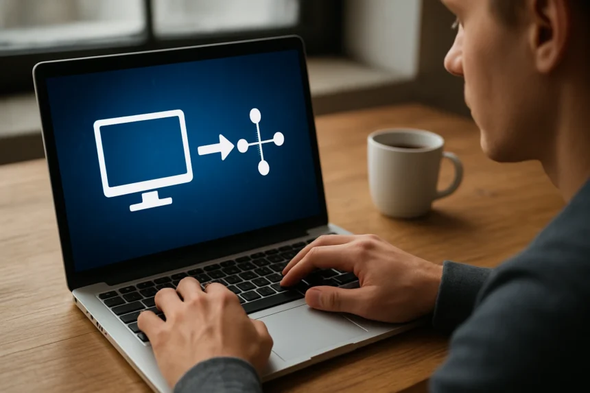 Felhasználó laptopján állandó kapcsolat hálózati illusztrációval