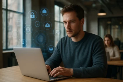 Férfi laptop előtt, kibertér és digitális kapcsolatok szimbólumaival.