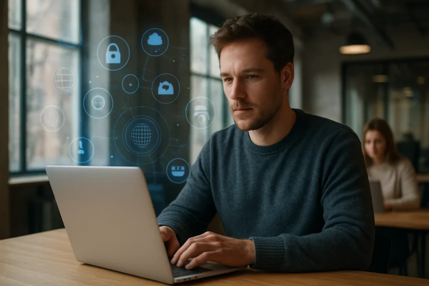 Férfi laptop előtt, kibertér és digitális kapcsolatok szimbólumaival.