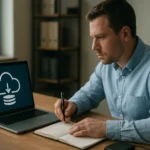 Férfi adatmentéshez szükséges információkat ír egy notebookba, laptop előtt.