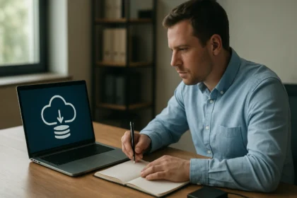 Férfi adatmentéshez szükséges információkat ír egy notebookba, laptop előtt.