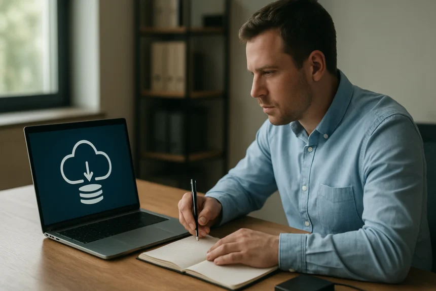 Férfi adatmentéshez szükséges információkat ír egy notebookba, laptop előtt.