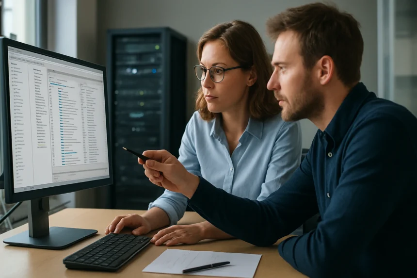 Két informatikai szakember, akik az Active Directory Global Catalog működését elemzik.