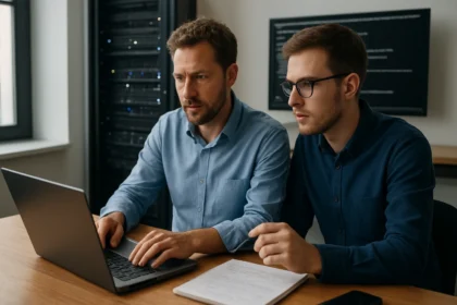 Két férfi DevOps környezetben immutable infrastruktúrát használva dolgozik.