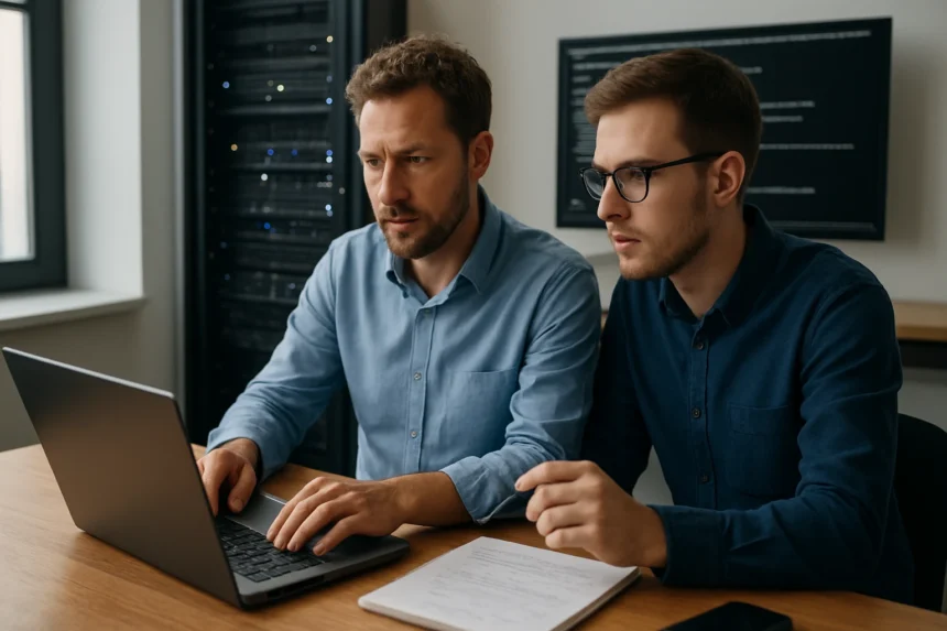 Két férfi DevOps környezetben immutable infrastruktúrát használva dolgozik.