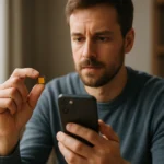 Férfi az eSIM kártyát nézi mobiltelefonjával