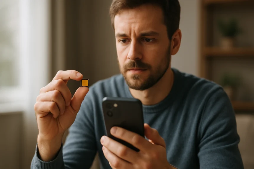 Férfi az eSIM kártyát nézi mobiltelefonjával