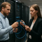 Két szakember adatközpontban kábelt szerel