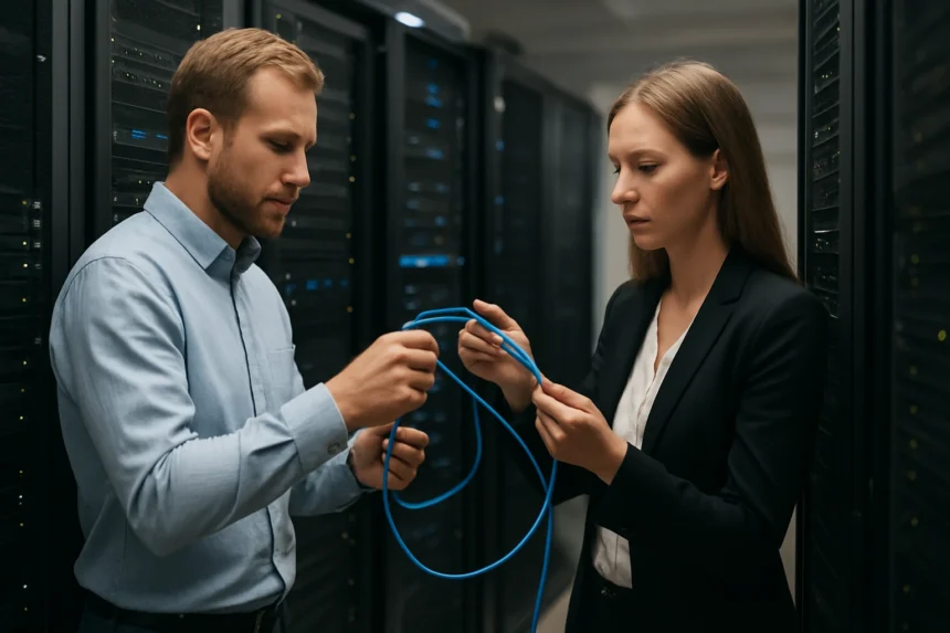 Két szakember adatközpontban kábelt szerel