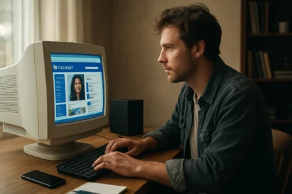 Felhasználó MySpace profilját nézi egy régi számítógépen.