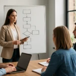 Női előadó a termékfejlesztés folyamatát bemutató értekezleten.