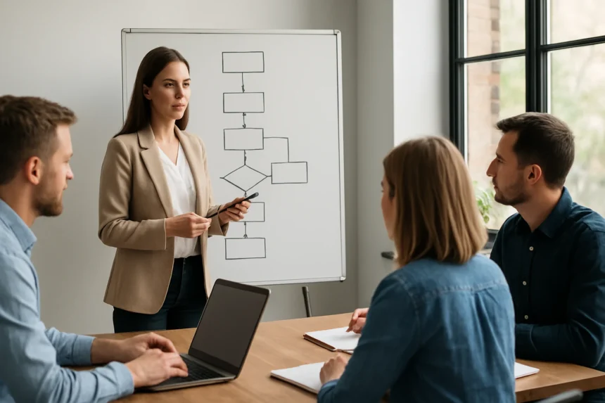 Női előadó a termékfejlesztés folyamatát bemutató értekezleten.
