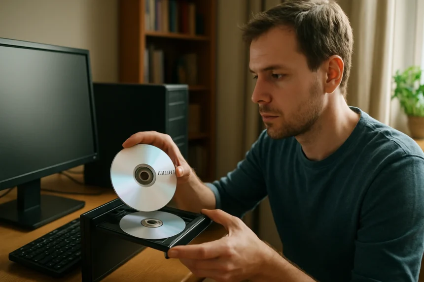 Férfi DVD-R lemez besorolása számítógép előtt.