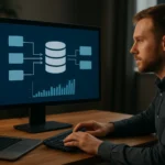 Adatfolyam működését bemutató elemző szakember használ egy számítógépet.