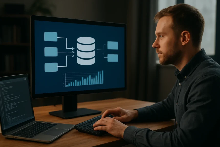 Adatfolyam működését bemutató elemző szakember használ egy számítógépet.