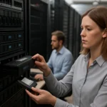 Egy nő adatokat tárol egy szerverben a nearline storage megoldással.