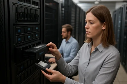 Egy nő adatokat tárol egy szerverben a nearline storage megoldással.