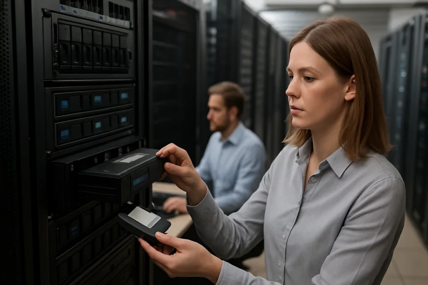 Egy nő adatokat tárol egy szerverben a nearline storage megoldással.