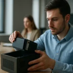 Férfi hardveres biztonsági modul (HSM) telepítése irodában.