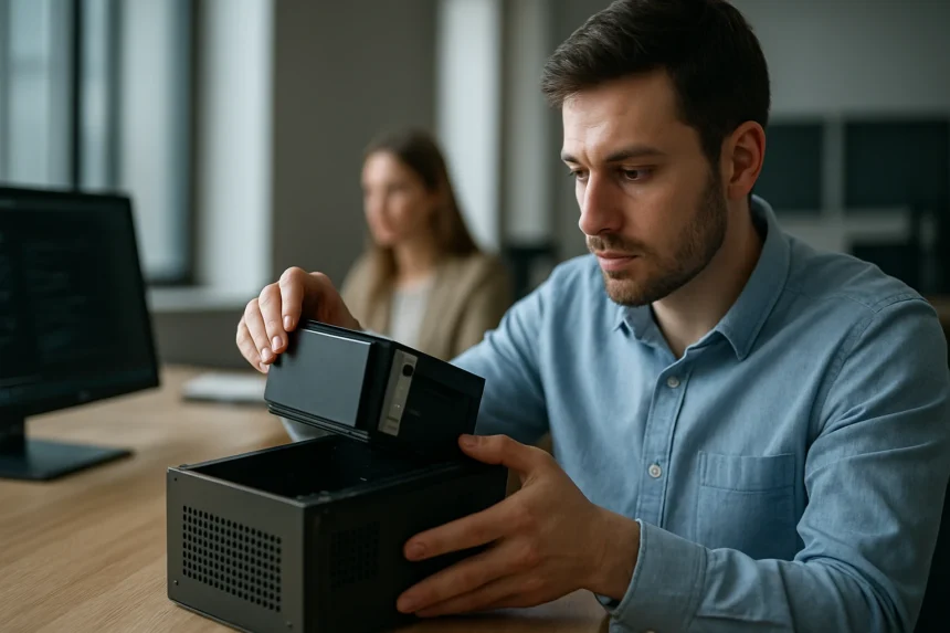 Férfi hardveres biztonsági modul (HSM) telepítése irodában.