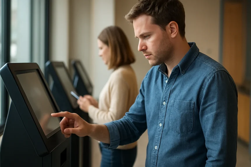 Ügyfél önkiszolgáló terminál használata, digitális szolgáltatásokkal.