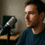 Egy férfi beszél egy mikrofonhoz, stúdió környezetben.